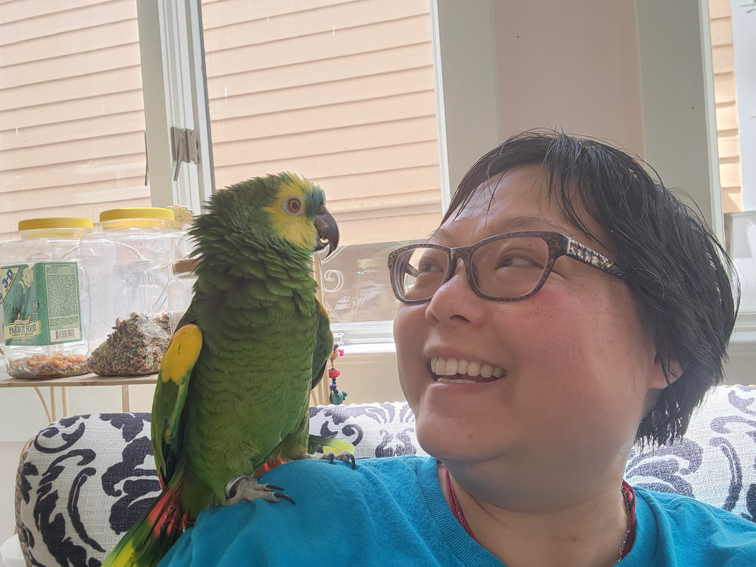 Image: Blue Front Amazon Parrot, Sheila, is smiling, feathers ruffled at local smiling pet sitter from Homeward Bound Services based in the greater new orleans area. 